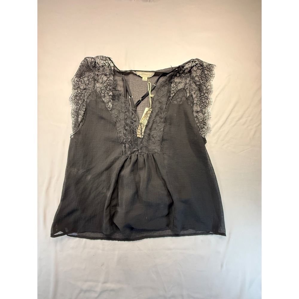 Lovestitch Womens Black Lace Trim V-Neck Tank Top Size Large NWT Boho Sleeveless